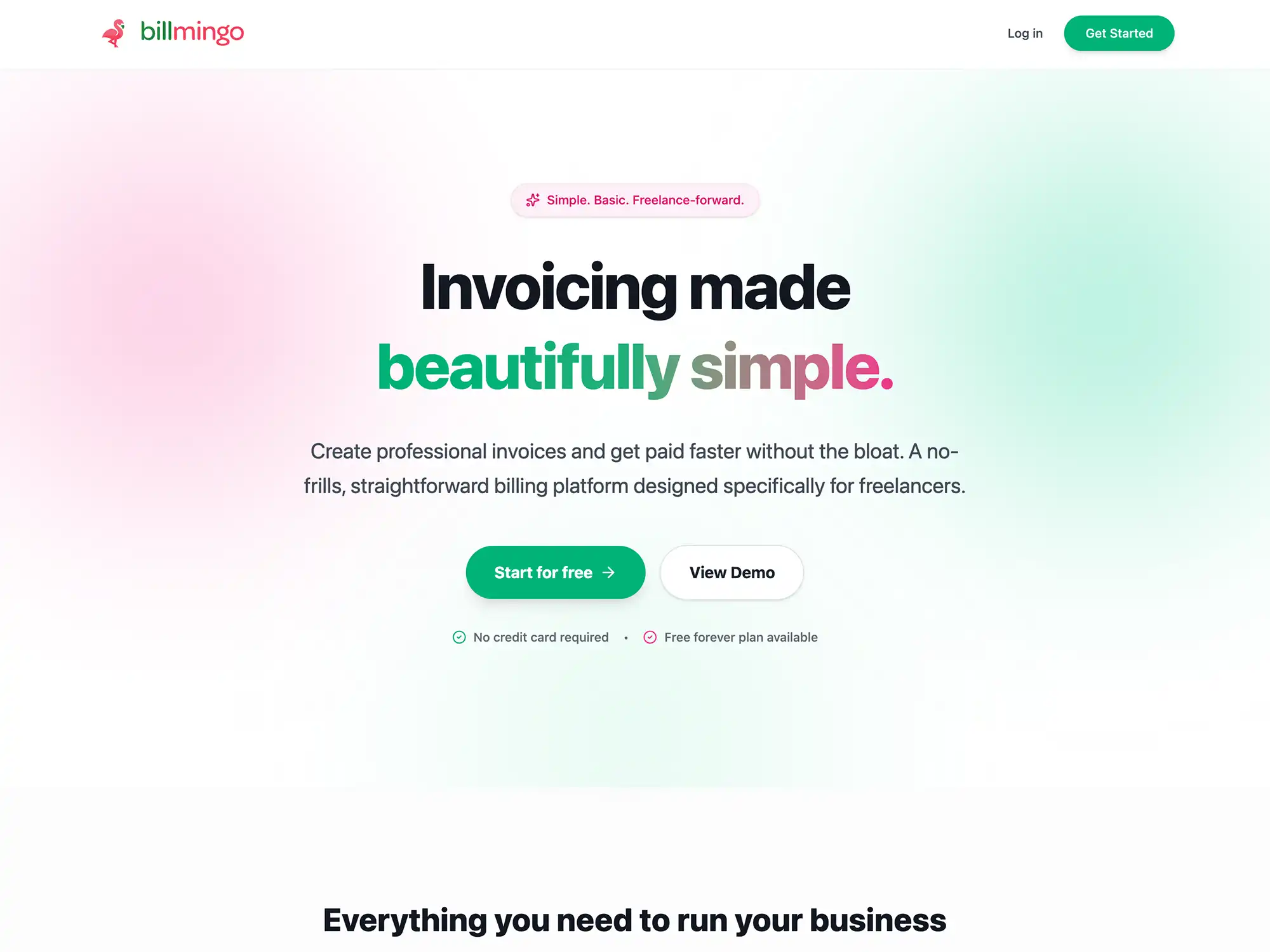 Homepage of Billmingo, a simple invoicing platform for freelancers, featuring a clean design with a green "Start for free" button.